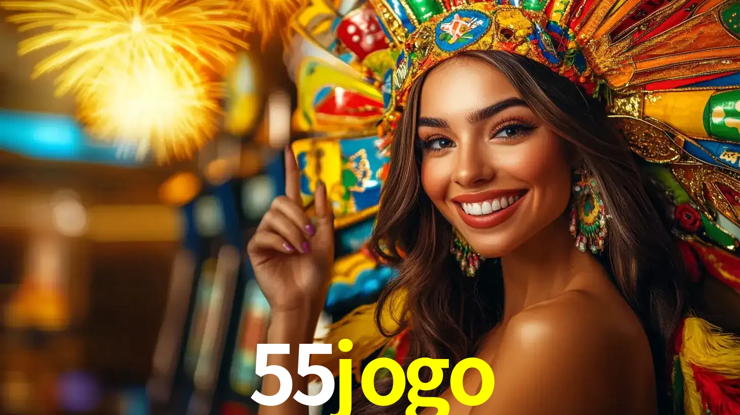 Mulher sorridente com um cocar de carnaval vibrante e colorido, celebrando uma grande vitória nos jogos do cassino 55jogo com fogos de artifício ao fundo.