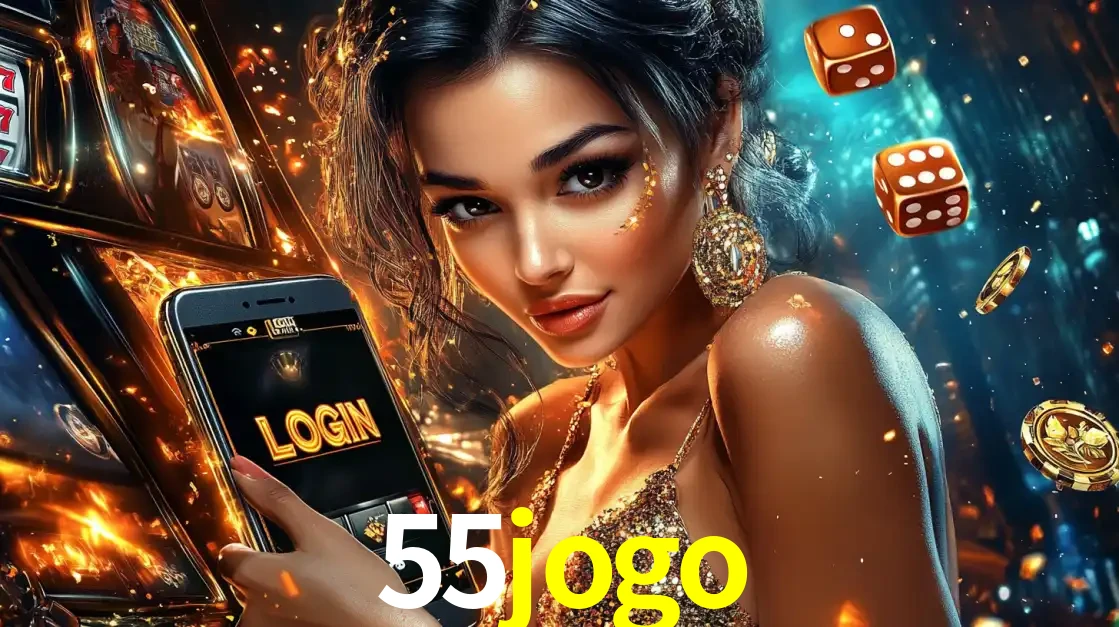 Mulher glamourosa segurando um celular com a tela de login do cassino 55jogo, rodeada por dados e moedas douradas, pronta para começar a diversão.