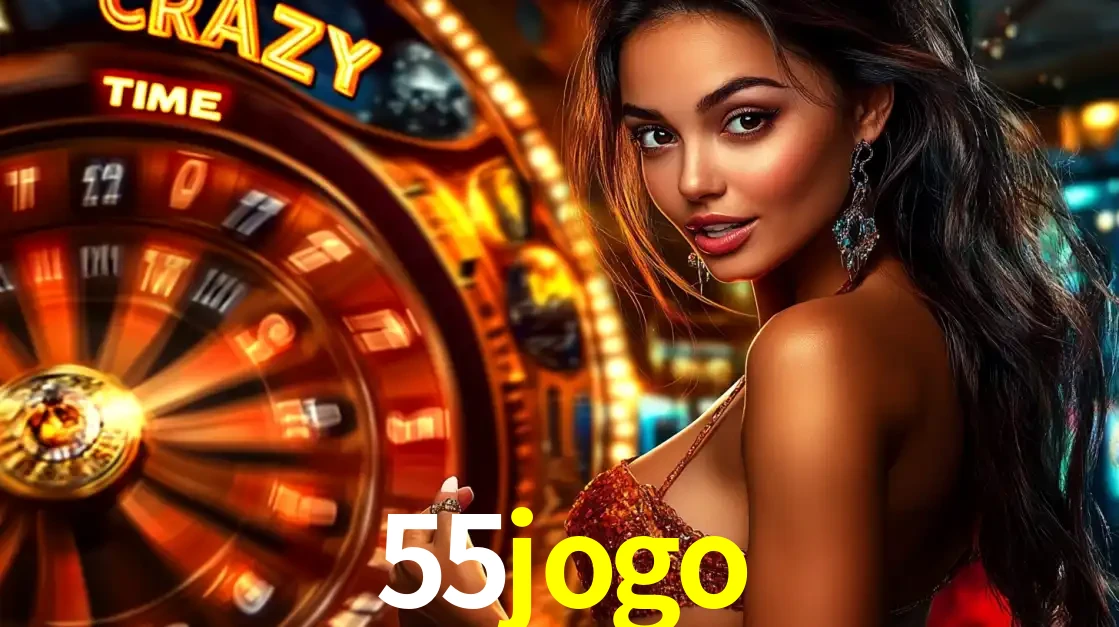 Mulher ao lado da roda de prêmios do jogo de cassino ao vivo Crazy Time, um dos shows de jogos mais emocionantes oferecidos pela plataforma de apostas 55jogo.