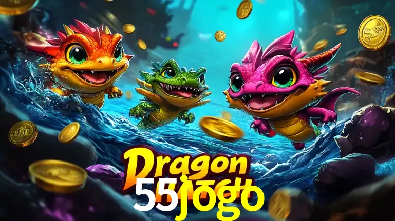 Arte promocional do jogo Dragon Hatch com três adoráveis dragões bebês nadando entre moedas de ouro, um dos slots mais divertidos para jogar no cassino 55jogo.