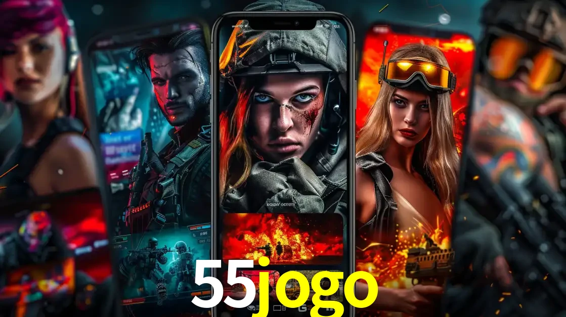 Montagem de telas de celular mostrando diversos personagens, masculinos e femininos, de um jogo de tiro, ilustrando a diversidade de equipes de e-sports para apostar no 55jogo.