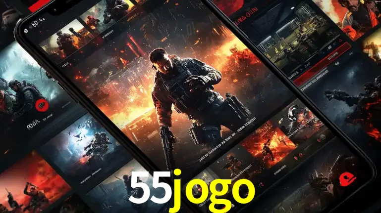 Tela de um celular exibindo uma galeria de jogos de tiro com temática militar, mostrando a variedade de e-sports disponíveis para apostas na plataforma de entretenimento 55jogo.