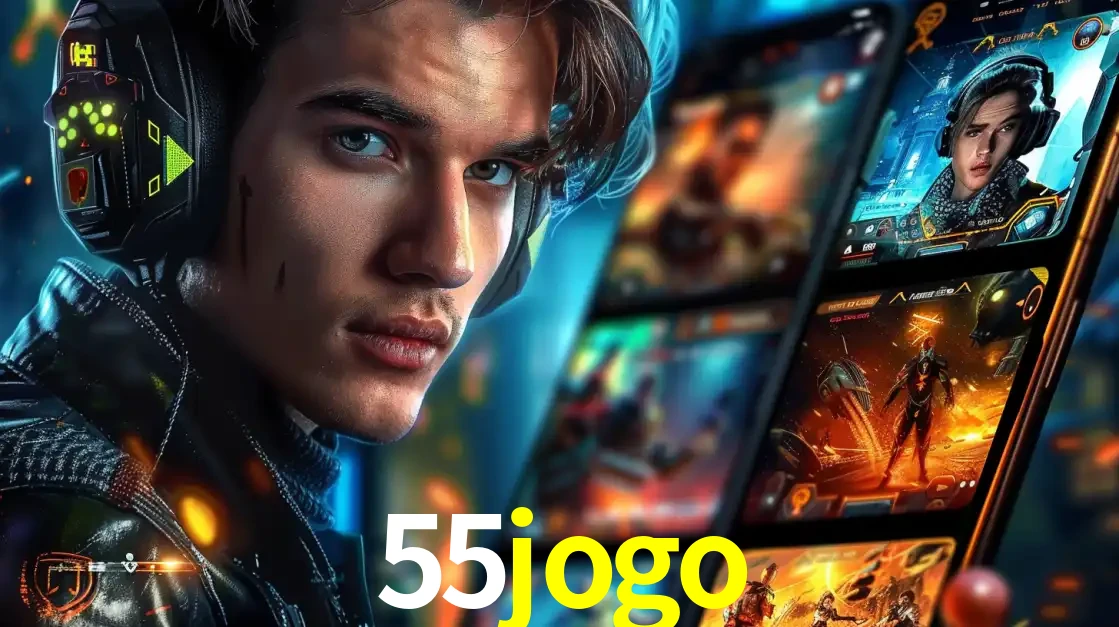 Jovem jogador com fones de ouvido olhando para a câmera, com um aplicativo de jogos e e-sports para celular ao fundo, pronto para a competição e apostas no 55jogo.