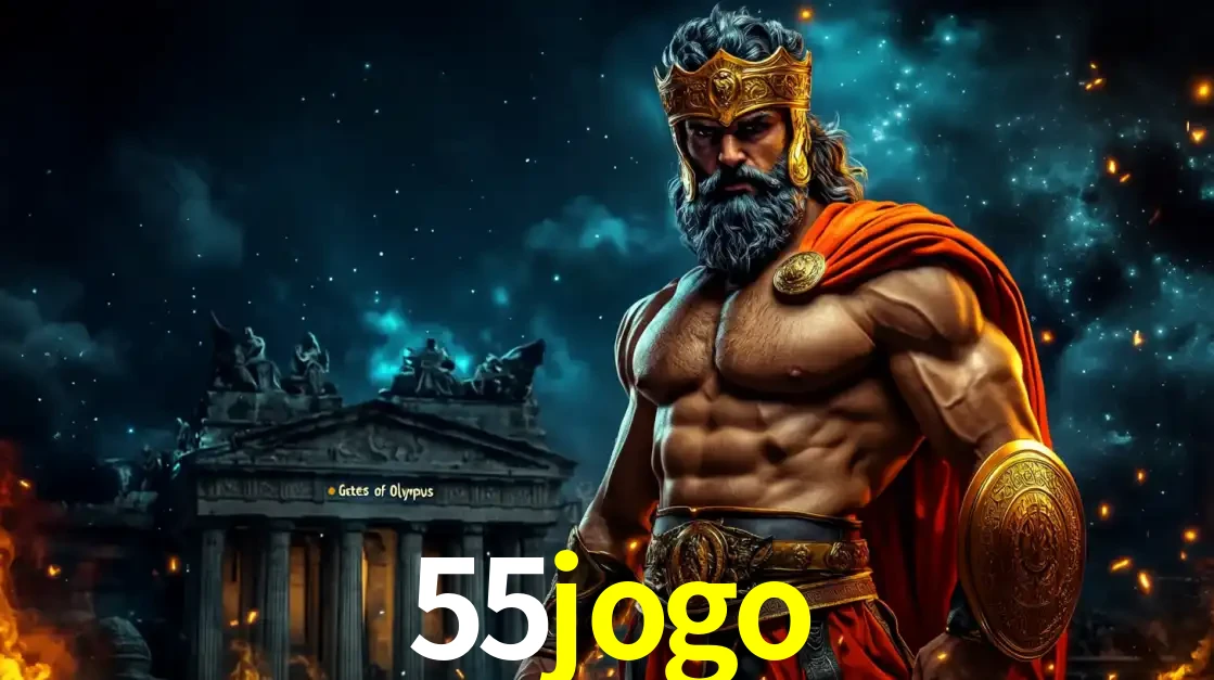 O poderoso Zeus do jogo de slot Gates of Olympus em frente ao seu templo, pronto para lançar multiplicadores divinos e prêmios épicos no cassino online 55jogo.