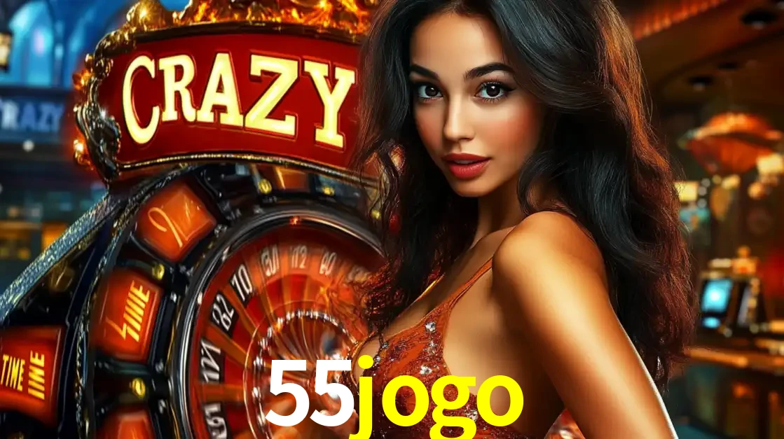 Mulher glamourosa olhando para a câmera com a roda vermelha do Crazy Time ao fundo em um ambiente de cassino, destacando a emoção dos jogos ao vivo no 55jogo.
