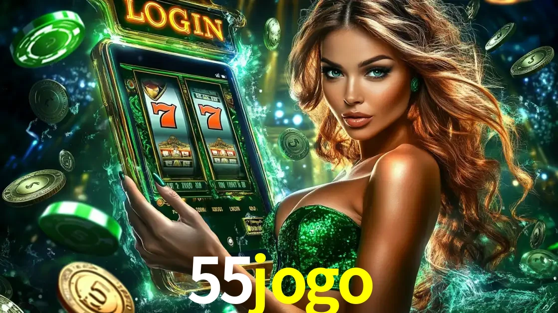Mulher com tema verde apresentando o aplicativo do cassino 55jogo com um jogo de slot de 777, cercada por fichas de cassino e uma aura de sorte.
