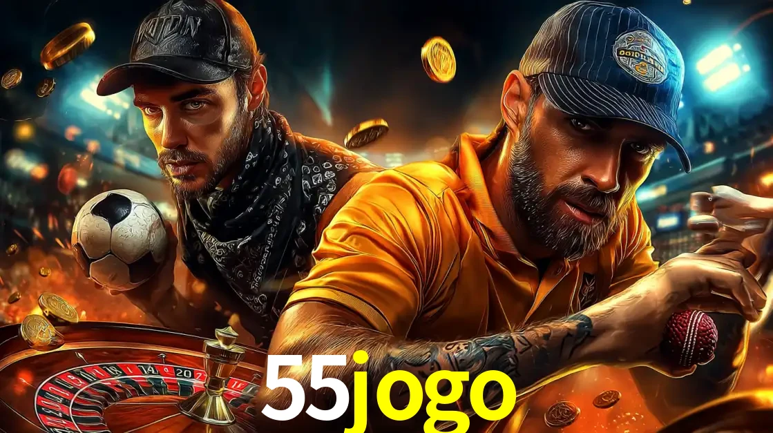 Montagem de apostas esportivas e cassino no 55jogo, com um homem segurando uma bola de futebol e outro uma de beisebol sobre uma roleta e moedas voadoras.