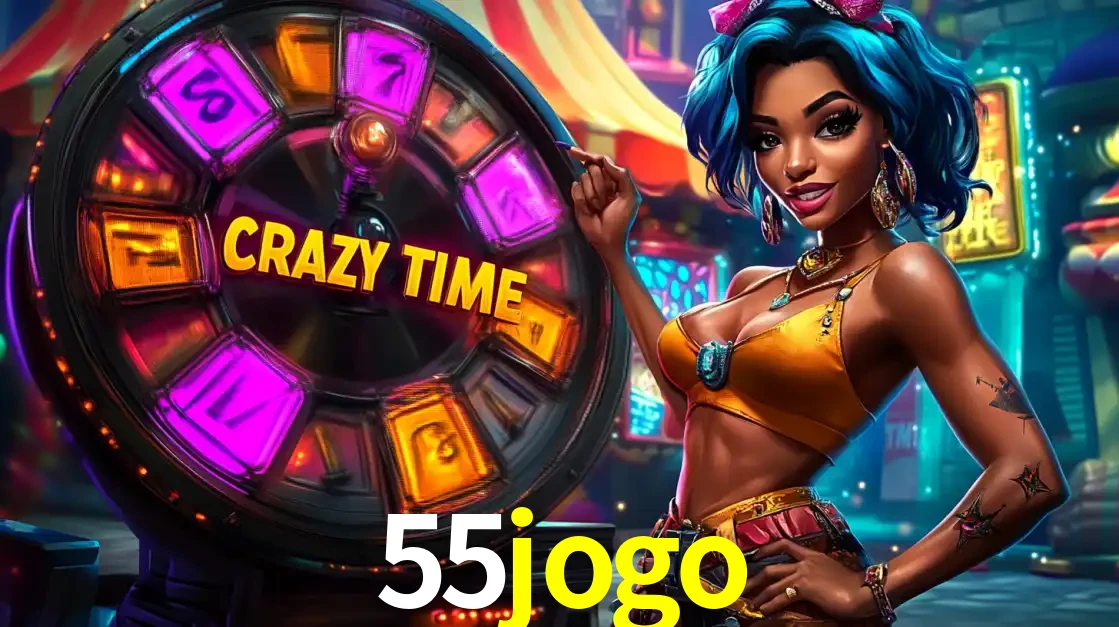 Mulher estilizada com cabelo azul e visual vibrante posando ao lado da roda de prêmios do game show Crazy Time, convidando para a diversão e os bônus do cassino 55jogo.