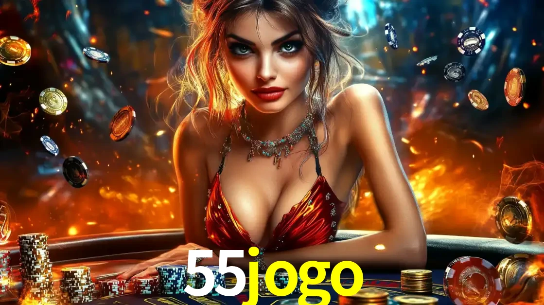 Mulher em uma mesa de cassino com pilhas de fichas e um fundo de fogo, pronta para uma rodada de altas apostas nos jogos de mesa emocionantes do cassino 55jogo.