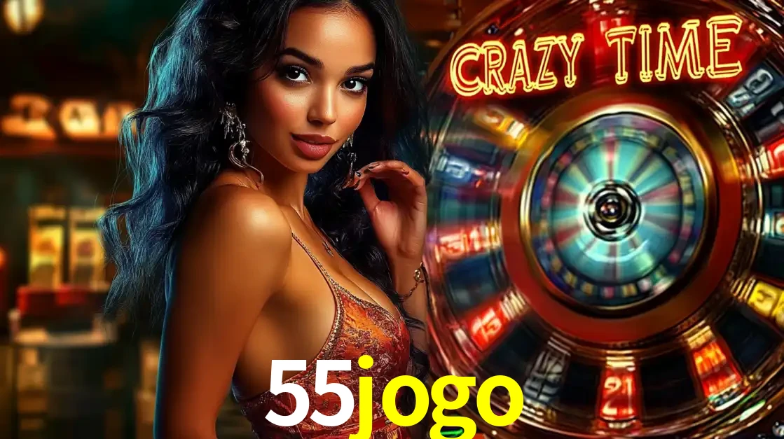 Mulher elegante ao lado da vibrante roda da fortuna do jogo de cassino ao vivo Crazy Time, um dos game shows mais populares e cheios de prêmios do 55jogo.