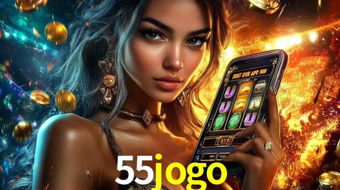 Mulher elegante mostrando um jogo de caça-níqueis em seu smartphone, destacando a experiência de cassino móvel oferecida pelo aplicativo 55jogo.