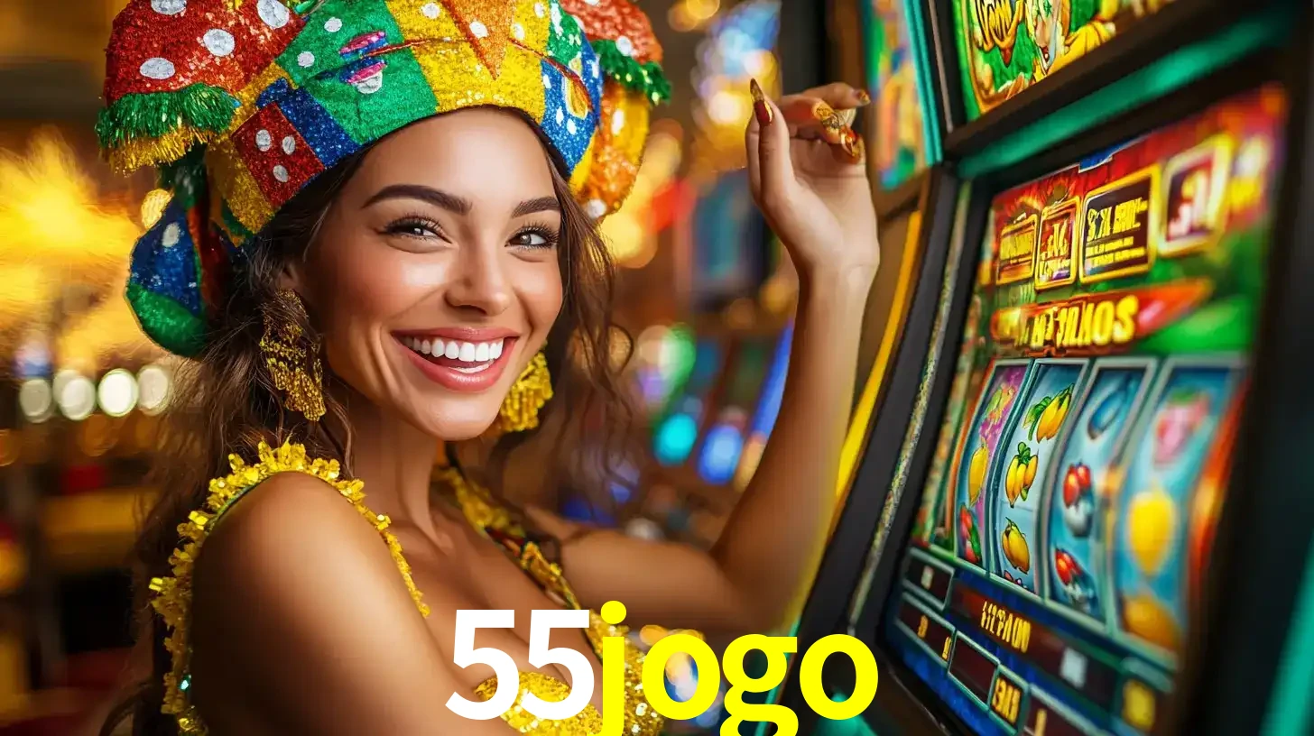 Mulher feliz com traje de carnaval amarelo e colorido ao lado de uma máquina de caça-níqueis, aproveitando a diversão e os jogos temáticos do cassino 55jogo.