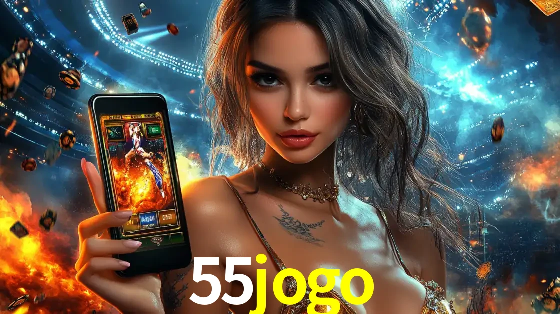 Mulher segurando um celular com um jogo de slot em destaque, tendo como fundo um estádio vibrante, simbolizando a emoção de jogar no cassino móvel 55jogo.