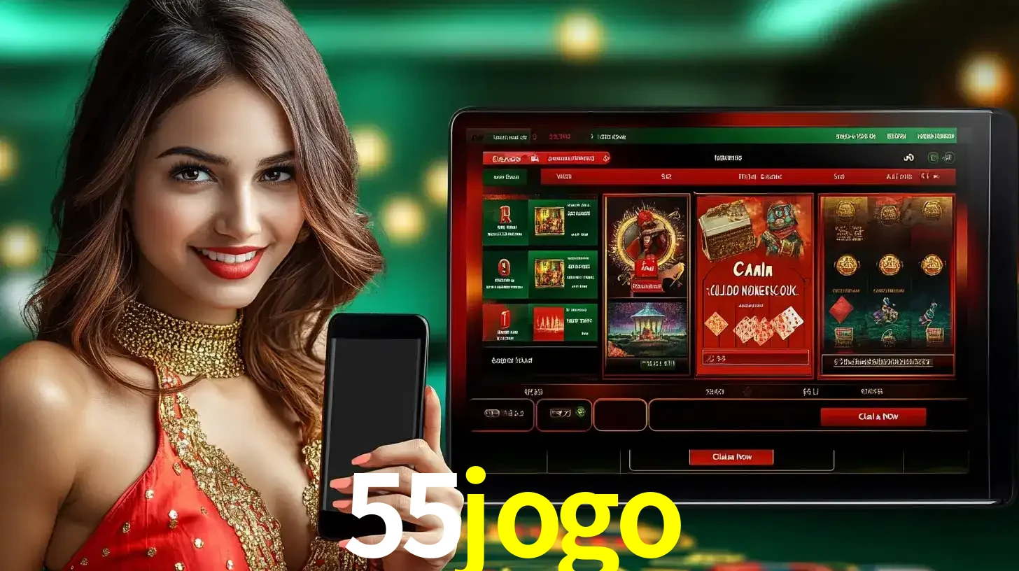 Mulher sorridente segurando um smartphone, ao lado de uma tela exibindo o lobby de jogos do cassino online 55jogo, com várias opções de jogos de cartas e slots.